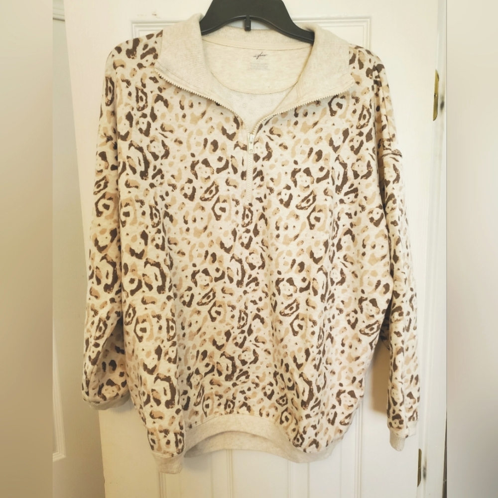 Aerie Cream and Brown Leopard Print Quarter Zip